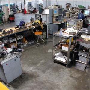 An overview of the chuck department. You will notice many Sherline machines being used here as part of the production process. Our technicians grind jaws to fit the slots in the chucks so each new chuck is a tight fit and as accurate as possible. A grinder trues up all jaw surfaces after the chuck is assembled.